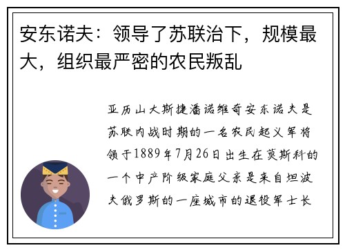 安东诺夫：领导了苏联治下，规模最大，组织最严密的农民叛乱