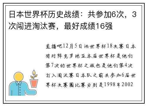 日本世界杯历史战绩：共参加6次，3次闯进淘汰赛，最好成绩16强