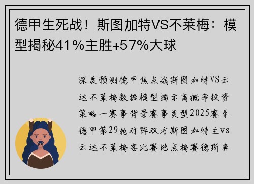 德甲生死战!斯图加特VS不莱梅:模型揭秘41%主胜+57%大球 德甲生死战!斯图加特VS不莱梅:模型揭秘41%主胜+57%大球