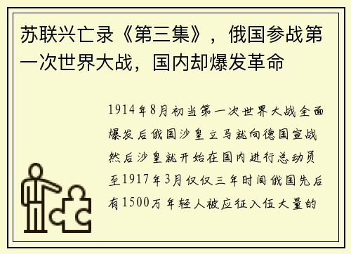 苏联兴亡录《第三集》，俄国参战第一次世界大战，国内却爆发革命
